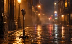雨上がりの夜の石畳の街角に、レトロなスタンドマイクがひとつ立っている