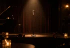 夜のライブハウスのステージに置かれたスタンドマイクとスポットライト