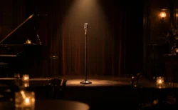 夜のライブハウスのステージに置かれたスタンドマイクとスポットライト