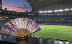 試合前のナイター球場のグラウンドと、手前に置かれた和柄の扇子