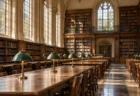 朝の光が差し込む無人の大学図書館の閲覧室