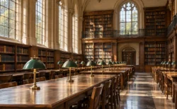 朝の光が差し込む無人の大学図書館の閲覧室