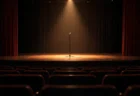 スポットライトが当たる誰もいない劇場のステージとスタンドマイク