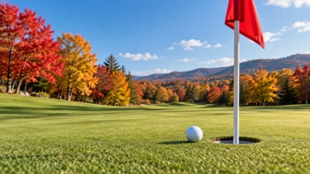 紅葉した木々に囲まれたゴルフ場のグリーンとピンフラッグ