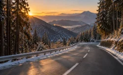 冬の朝日に照らされた雪の残る山あいの坂道