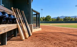 晴れた大学野球グラウンドのベンチ前に並ぶ木製バットとヘルメット