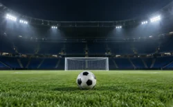 ナイター照明に照らされた無人のスタジアムとピッチに置かれたサッカーボール