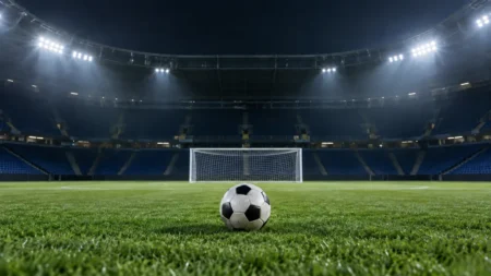ナイター照明に照らされた無人のスタジアムとピッチに置かれたサッカーボール