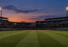 夕暮れのプロ野球スタジアムの外野スタンドと照明塔