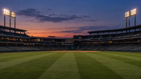 夕暮れのプロ野球スタジアムの外野スタンドと照明塔