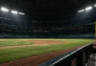 試合を終えて照明が残る夜のドーム球場、誰もいないグラウンドを一塁側から見渡した風景