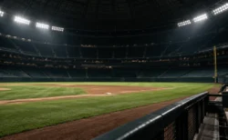 試合を終えて照明が残る夜のドーム球場、誰もいないグラウンドを一塁側から見渡した風景