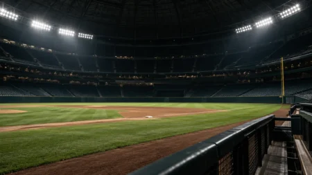 試合を終えて照明が残る夜のドーム球場、誰もいないグラウンドを一塁側から見渡した風景