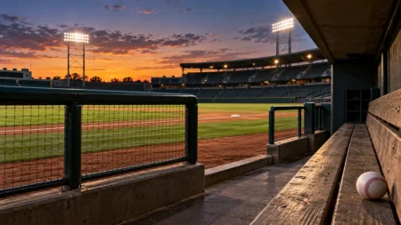 夕暮れのナイター照明がともる野球場を、誰もいないダッグアウトのベンチ越しに望む風景