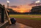 夕暮れのプロ野球スタジアムのバッターボックスとベンチ前に立てかけられたバット