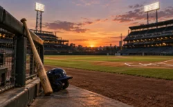 夕暮れのプロ野球スタジアムのバッターボックスとベンチ前に立てかけられたバット
