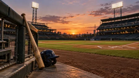 夕暮れのプロ野球スタジアムのバッターボックスとベンチ前に立てかけられたバット