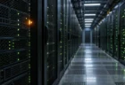 薄暗いデータセンターの通路に並ぶサーバーラックと、緑のランプの中で1台だけ琥珀色に点灯する警告ランプ