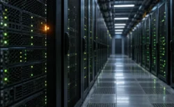 薄暗いデータセンターの通路に並ぶサーバーラックと、緑のランプの中で1台だけ琥珀色に点灯する警告ランプ