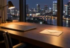 夜景の見える窓辺の机に置かれた閉じたノートパソコンと封筒