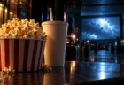 映画館の売店カウンターに置かれた山盛りのポップコーンとドリンクカップ、奥に稲光が映るスクリーン