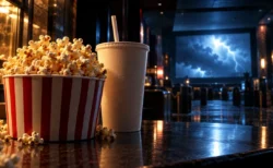 映画館の売店カウンターに置かれた山盛りのポップコーンとドリンクカップ、奥に稲光が映るスクリーン