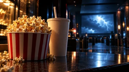 映画館の売店カウンターに置かれた山盛りのポップコーンとドリンクカップ、奥に稲光が映るスクリーン