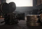 古い映画カメラとフィルム缶が置かれた薄暗い試写室