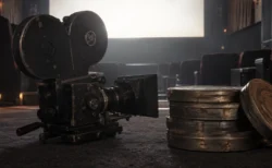 古い映画カメラとフィルム缶が置かれた薄暗い試写室