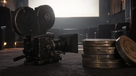 古い映画カメラとフィルム缶が置かれた薄暗い試写室