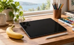 明るい窓辺の木のデスクに置かれた画面消灯のタブレットとスタイラスペン、色鉛筆、絵の具のパレットとバナナ