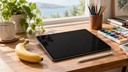 明るい窓辺の木のデスクに置かれた画面消灯のタブレットとスタイラスペン、色鉛筆、絵の具のパレットとバナナ