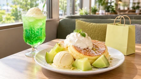 ファミリーレストランのテーブルに置かれたパンケーキとドリンク、小さな紙袋