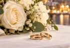 白いテーブルの上に並ぶ2つの結婚指輪と白いバラのブーケのイメージ
