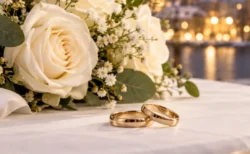 白いテーブルの上に並ぶ2つの結婚指輪と白いバラのブーケのイメージ