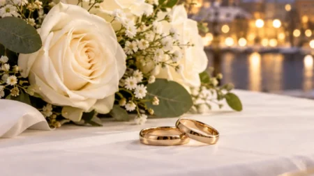 白いテーブルの上に並ぶ2つの結婚指輪と白いバラのブーケのイメージ
