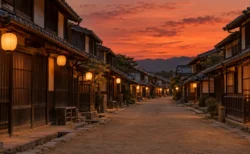 夕暮れの宿場町の街道に並ぶ木造の家並みと、軒先に灯る提灯