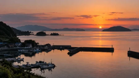 夕暮れの静かな入り江と小さな漁港