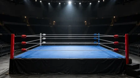 スポットライトに照らされた無人のプロレスリング(イメージ)