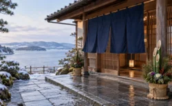 冬の朝の海辺の温泉旅館の玄関に下がる紺色の暖簾と門松、奥に穏やかな湾