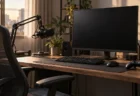 人のいない部屋に置かれた配信用のマイクとモニター、ヘッドホン、ゲームコントローラー