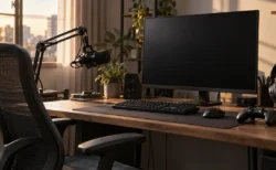 人のいない部屋に置かれた配信用のマイクとモニター、ヘッドホン、ゲームコントローラー