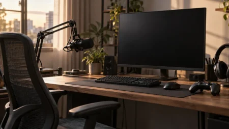 人のいない部屋に置かれた配信用のマイクとモニター、ヘッドホン、ゲームコントローラー