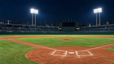 ナイター照明に照らされた夜の野球場のグラウンド