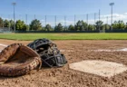 大学野球場のホームベース付近に置かれた捕手用ミットとマスク