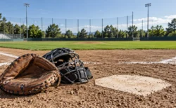 大学野球場のホームベース付近に置かれた捕手用ミットとマスク