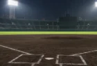 照明に照らされた夜の伝統的な野球場の黒土の内野