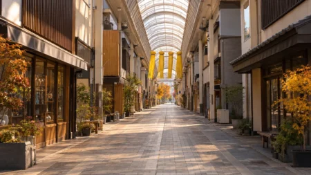 秋の昼下がりの地方都市のアーケード商店街