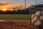 夕暮れのブルペンのマウンドに置かれた野球ボールのかご