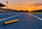 夕方の陸上競技場の青いトラックと手前に置かれたリレーのバトン